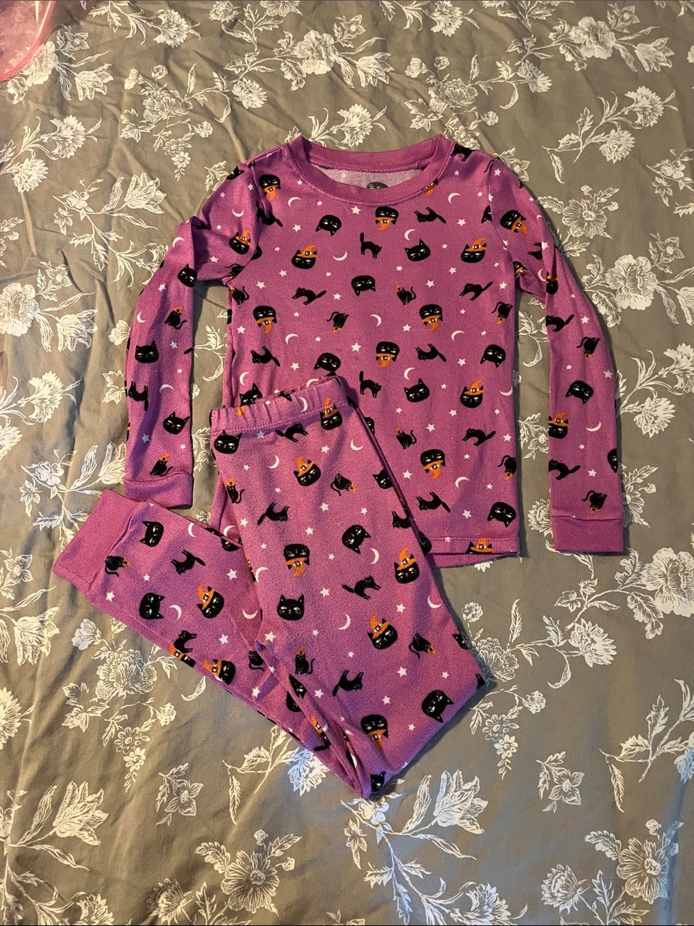 Kids Halloween Cat Print Pajama Set - Purple